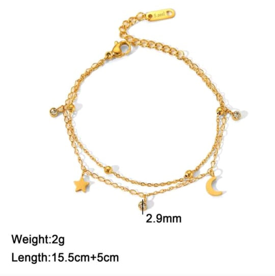 18K Gold Stainless Steel Crystal Star & Moon Tassel Bracelet