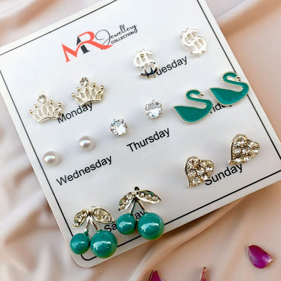 7 Pairs Zirconic Pearl & Swan Ear Studs Set