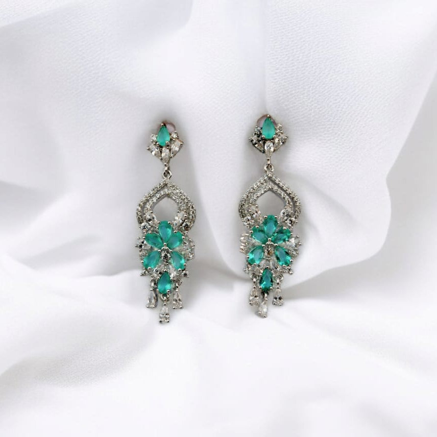 Rhodium Polish White & Mint Green Stone Drop Earrings