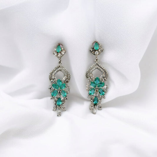 Rhodium Polish White & Mint Green Stone Drop Earrings