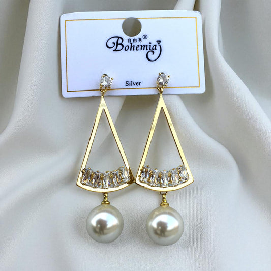 Big Triangle Zircon & Shell Pearl Drop Earrings