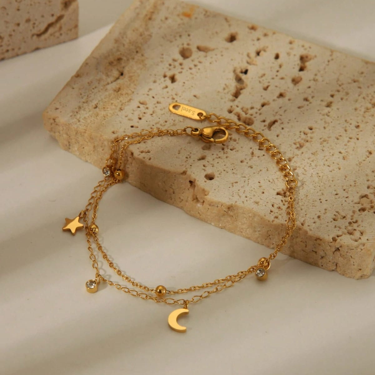 18K Gold Stainless Steel Crystal Star & Moon Tassel Bracelet