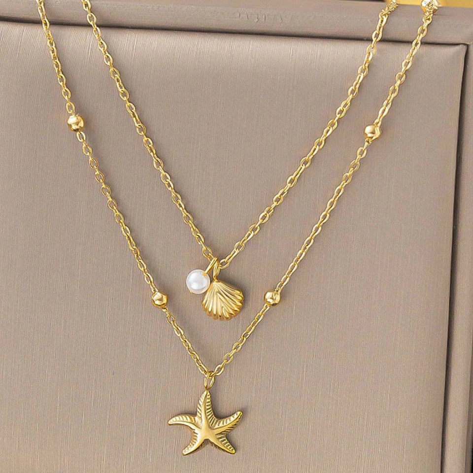 2025 New 18K Gold Double Layer Shell & Starfish Pendant Necklace – Waterproof Stainless Steel Beach Jewelry for Women