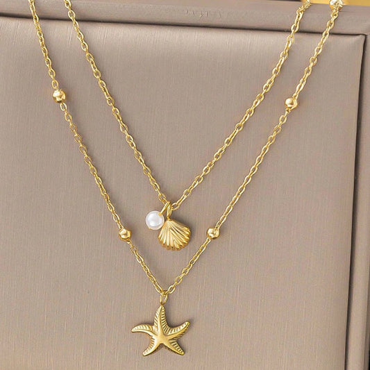 2025 New 18K Gold Double Layer Shell & Starfish Pendant Necklace – Waterproof Stainless Steel Beach Jewelry for Women