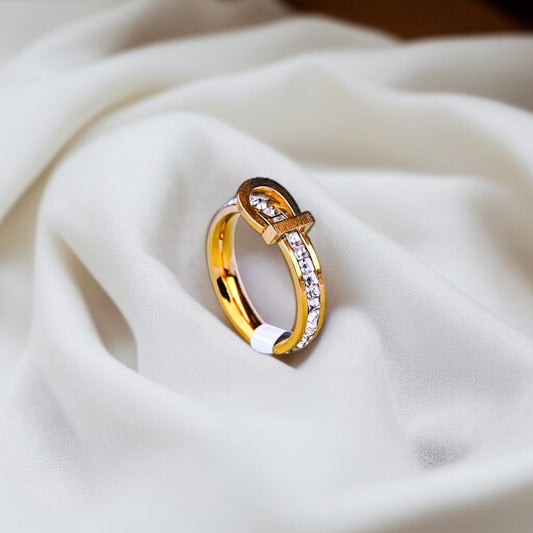 Luxury White Zircon Belt Buckle Ring For Women. Golden Stainless Steel