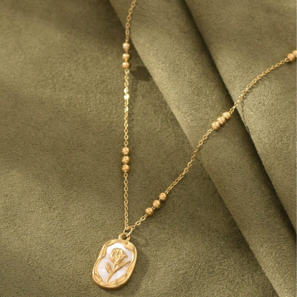 1pc Vintage Engraved Rose Flower Stainless Steel Pendant Necklace for Women