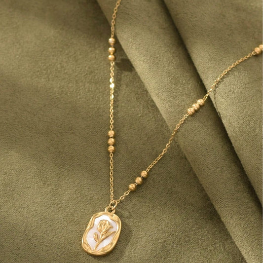 1pc Vintage Engraved Rose Flower Stainless Steel Pendant Necklace for Women