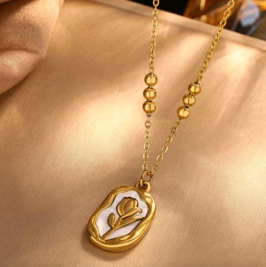 1pc Vintage Engraved Rose Flower Stainless Steel Pendant Necklace for Women