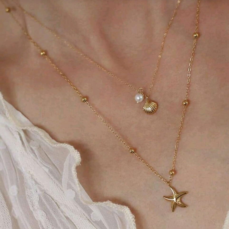 2025 New 18K Gold Double Layer Shell & Starfish Pendant Necklace – Waterproof Stainless Steel Beach Jewelry for Women