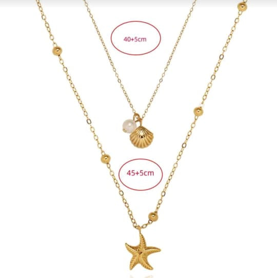 2025 New 18K Gold Double Layer Shell & Starfish Pendant Necklace – Waterproof Stainless Steel Beach Jewelry for Women